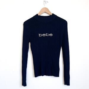 Vintage Y2K Bebe Bling Ribbed Sweater Size L Black Tight Rhinestone Mock Neck
